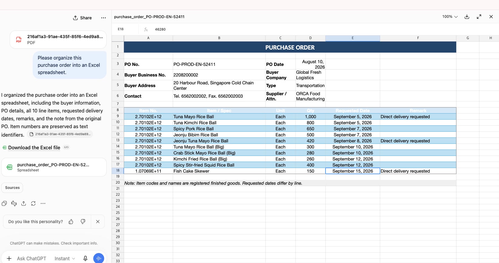 ChatGPT screen that turned a purchase order into Excel